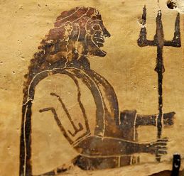 Sur cette plaque corinthienne de Penteskouphia (entre 550 et 525 av. J.-C.) Poséidon est représenté sans barbe mais tenant son célèbre trident. Image : Musée du Louvre, Wikipédia